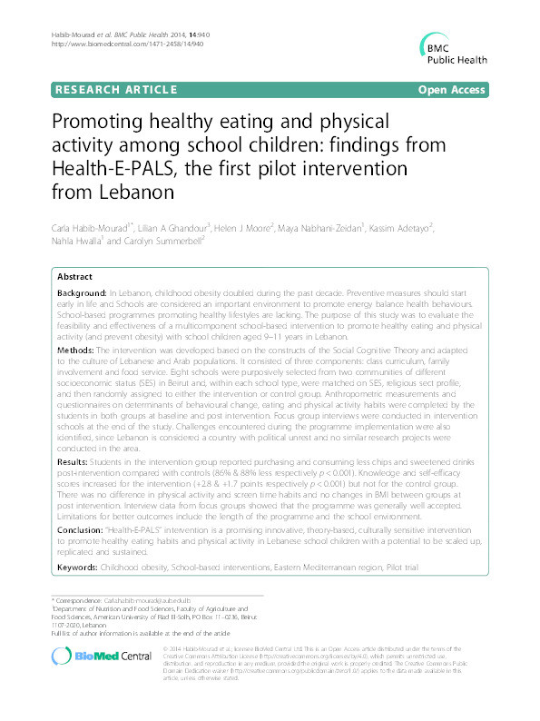 Promoting healthy eating and physical activity among school children: findings from Health-E-PALS, the first pilot intervention from Lebanon Thumbnail