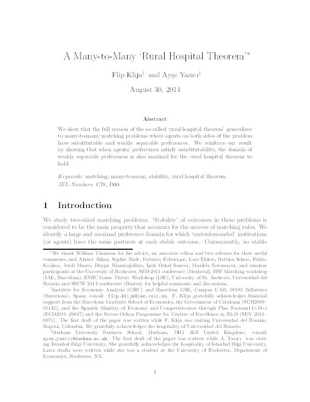 A Many-to-Many 'Rural Hospital Theorem' Thumbnail