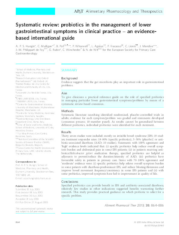 Systematic review: probiotics in the management of lower gastrointestinal symptoms in clinical practice – an evidence-based international guide Thumbnail