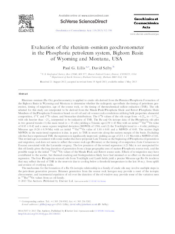Evaluation of the Rhenium-Osmium geochronometer in the Phosphoria Petroleum System, Bighorn Basin of Wyoming and Montana, USA Thumbnail
