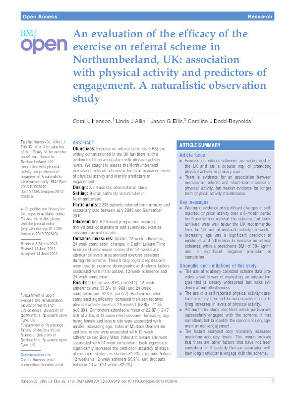 An evaluation of the efficacy of the exercise on referral scheme in Northumberland, UK: association with physical activity and predictors of engagement. A naturalistic observation study Thumbnail