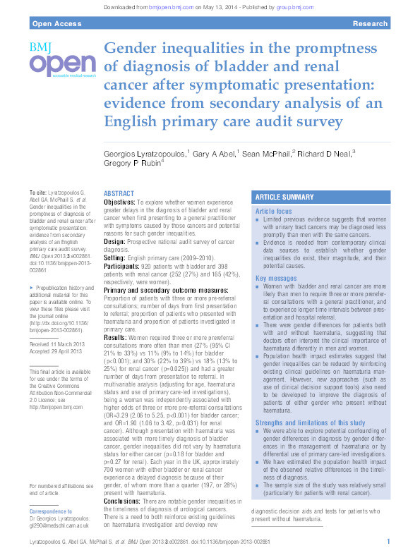 Gender inequalities in the promptness of diagnosis of bladder and renal cancer after symptomatic presentation: evidence from secondary analysis of an English primary care audit survey Thumbnail