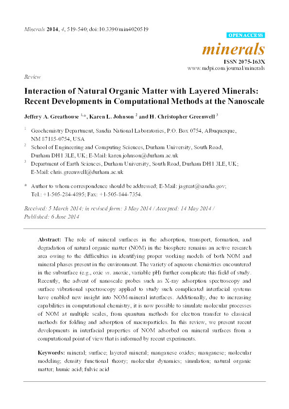 Interaction of Natural Organic Matter with Layered Minerals: Recent Developments in Computational Methods at the Nanoscale Thumbnail