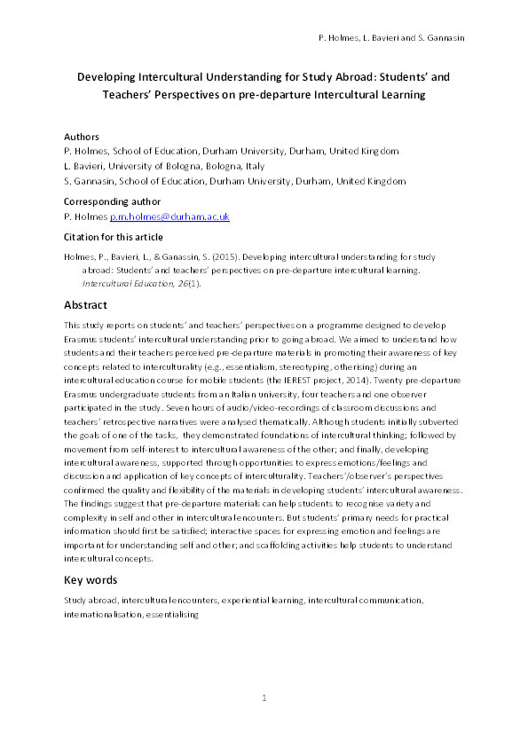 Developing intercultural understanding for study abroad: Students' and teachers' perspectives on pre-departure intercultural learning Thumbnail