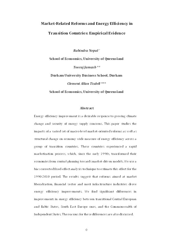 Market-Related Reforms and Increased Energy Efficiency in Transition Countries: Empirical Evidence Thumbnail
