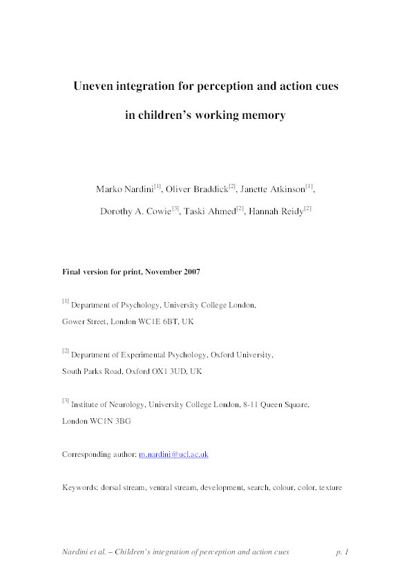 Uneven integration for perception and action cues in children’s working memory Thumbnail