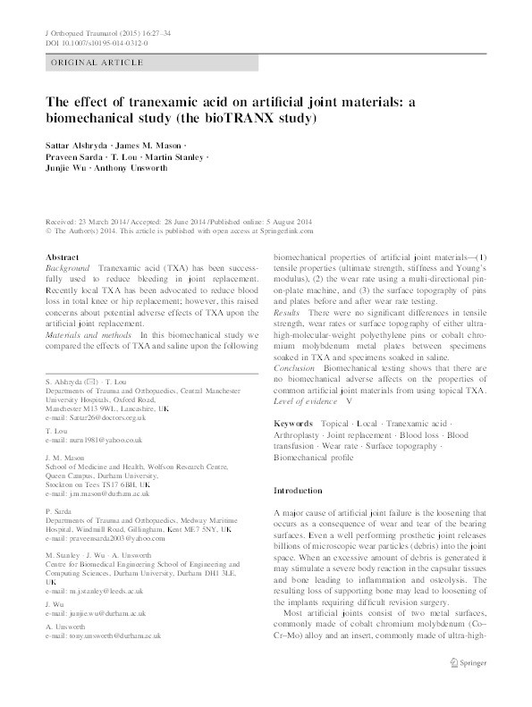 The effect of tranexamic acid on artificial joint materials : a biomechanical study (the bioTRANX study) Thumbnail