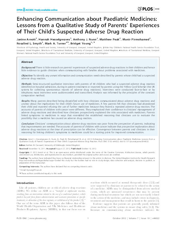 Enhancing Communication about Paediatric Medicines: Lessons from a Qualitative Study of Parents' Experiences of Their Child's Suspected Adverse Drug Reaction Thumbnail