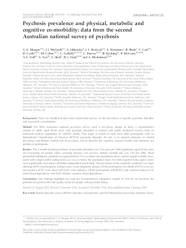 Psychosis prevalence and physical, metabolic and cognitive co-morbidity: data from the second Australian national survey of psychosis Thumbnail