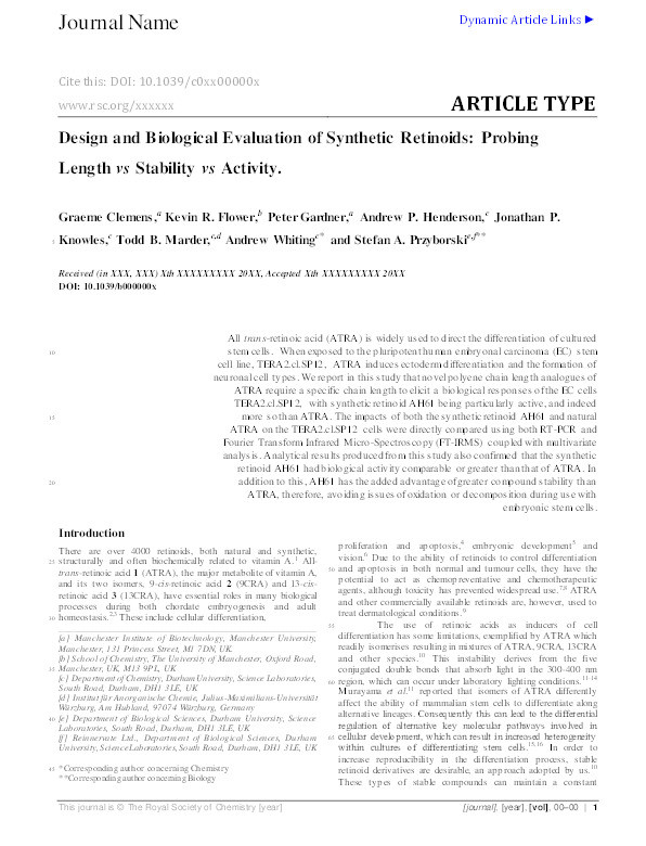 Design and biological evaluation of synthetic retinoids: Probing length vs. stability vs. activity Thumbnail
