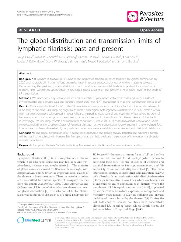 The global distribution and transmission limits of lymphatic filariasis: past and present Thumbnail