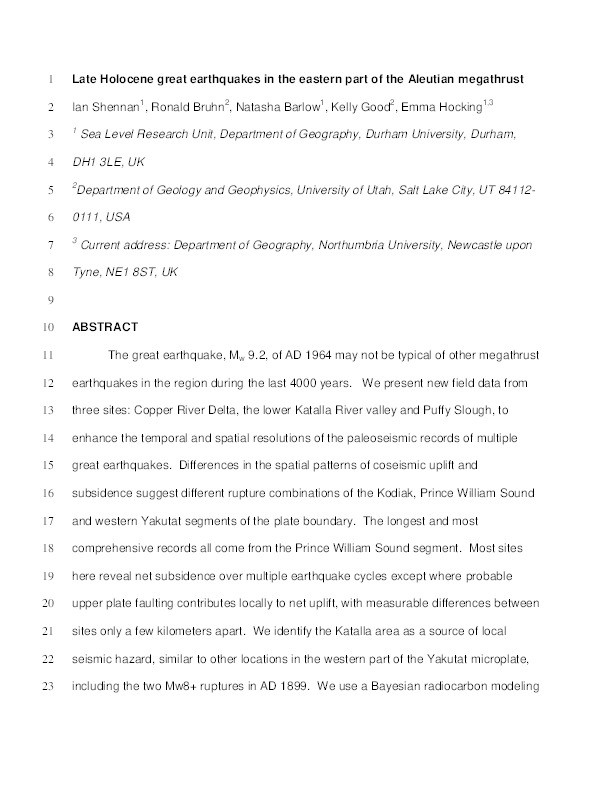 Late Holocene great earthquakes in the eastern part of the Aleutian megathrust Thumbnail