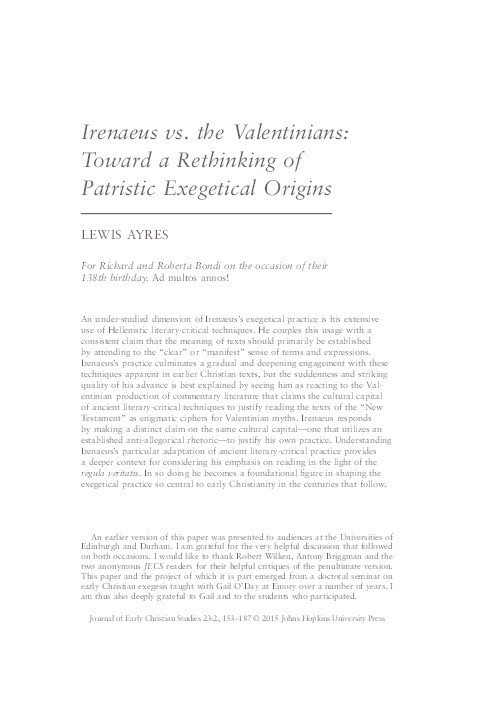 Irenaeus vs. the Valentinians: Toward a Rethinking of Patristic Exegetical Origins Thumbnail