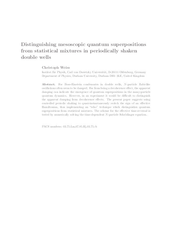 Distinguishing mesoscopic quantum superpositions from statistical mixtures in periodically shaken double wells Thumbnail