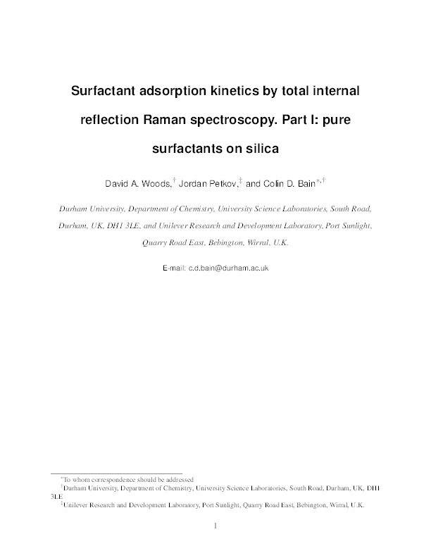 Surfactant Adsorption Kinetics by Total Internal Reflection Raman Spectroscopy. 1. Pure Surfactants on Silica Thumbnail