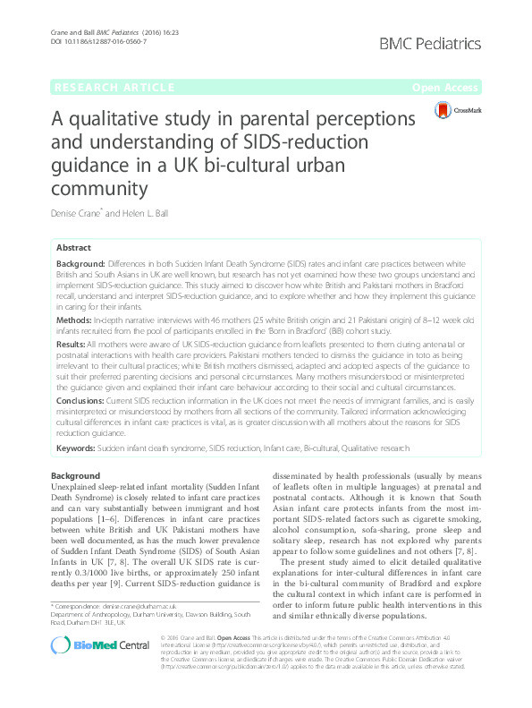 A qualitative study in parental perceptions and understanding of SIDS-reduction guidance in a UK bi-cultural urban community Thumbnail