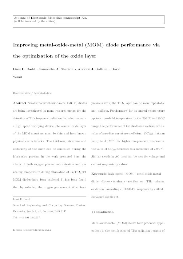 Improving metal-oxide-metal (MOM) diode performance via the optimization of the oxide layer Thumbnail