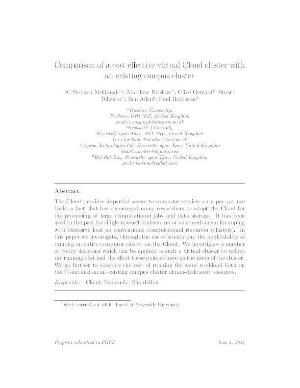 Comparison of a cost-effective virtual cloud cluster with an existing campus cluster Thumbnail
