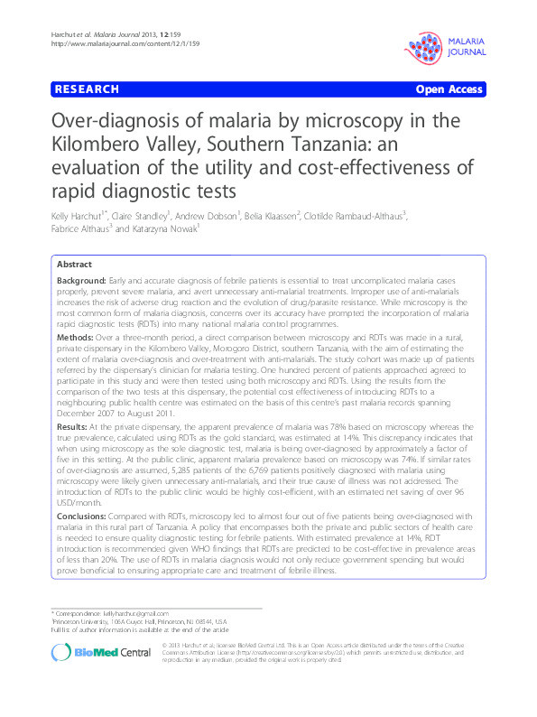 Over-diagnosis of malaria by microscopy in the Kilombero Valley, Southern Tanzania: an evaluation of the utility and cost-effectiveness of rapid diagnostic tests Thumbnail