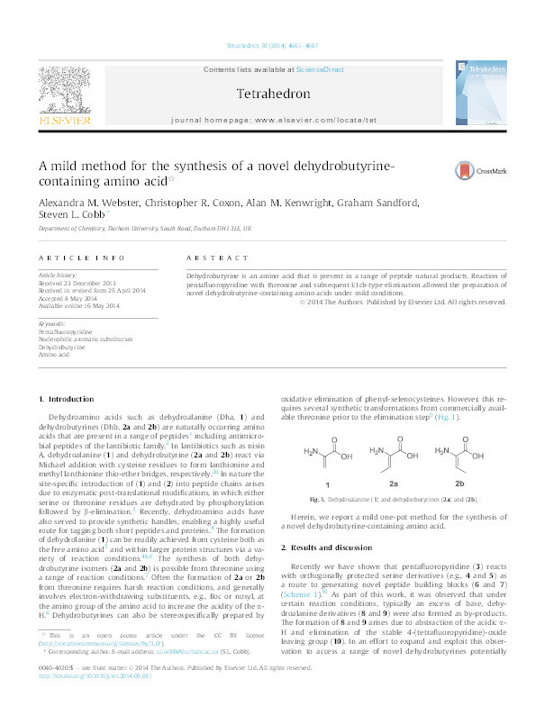 A mild method for the synthesis of a novel dehydrobutyrine-containing amino acid Thumbnail