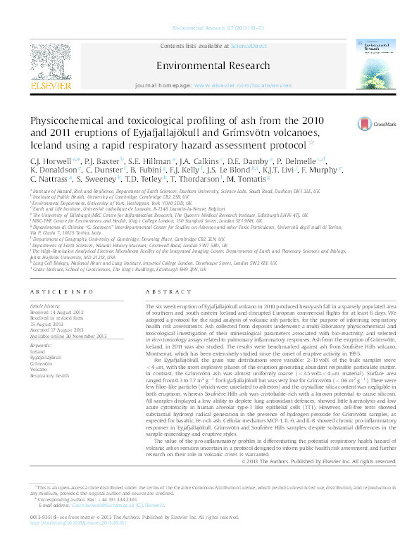 Physicochemical and toxicological profiling of ash from the 2010 and 2011 eruptions of Eyjafjallajökull and Grímsvötn volcanoes, Iceland using a rapid respiratory hazard assessment protocol Thumbnail