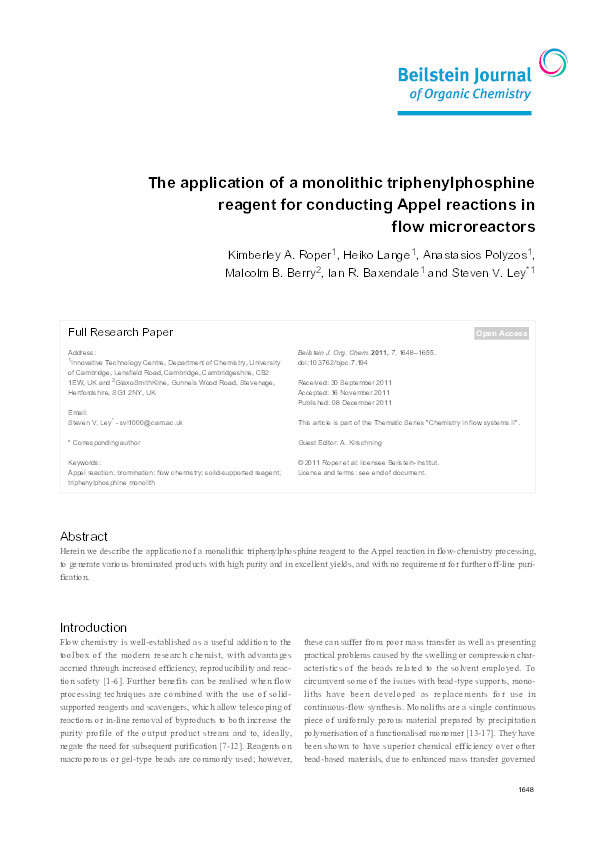 The application of a monolithic triphenylphosphine reagent for conducting Appel reactions in flow microreactors Thumbnail
