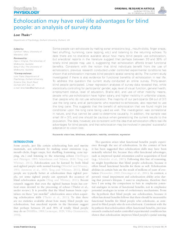 Echolocation may have real-life advantages for blind people: an analysis of survey data Thumbnail