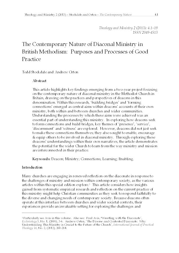 The Contemporary Nature of Diaconal Ministry in British Methodism: Purposes and Processes of Good Practice Thumbnail