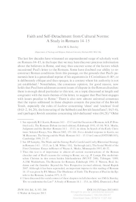 Faith and Self-Detachment from Cultural Norms: A Study in Romans 14–15 Thumbnail
