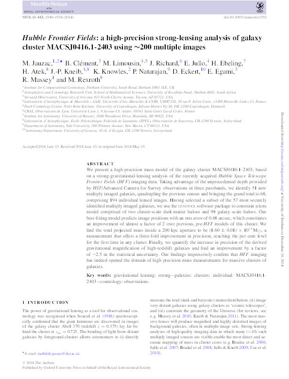 Hubble Frontier Fields: a high-precision strong-lensing analysis of galaxy cluster MACSJ0416.1-2403 using ∼200 multiple images Thumbnail