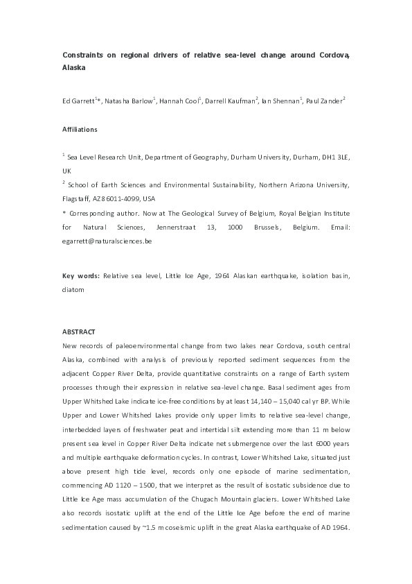 Constraints on regional drivers of relative sea-level change around Cordova, Alaska Thumbnail