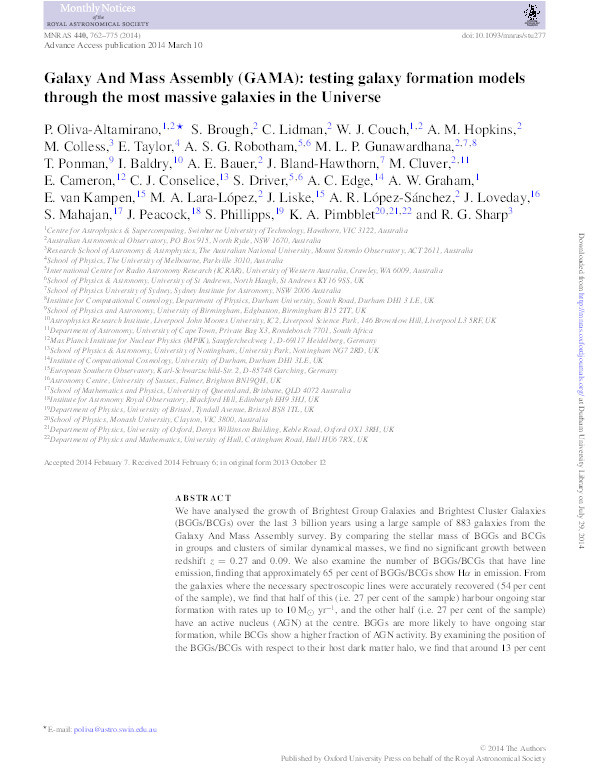 Galaxy And Mass Assembly (GAMA): testing galaxy formation models through the most massive galaxies in the Universe Thumbnail