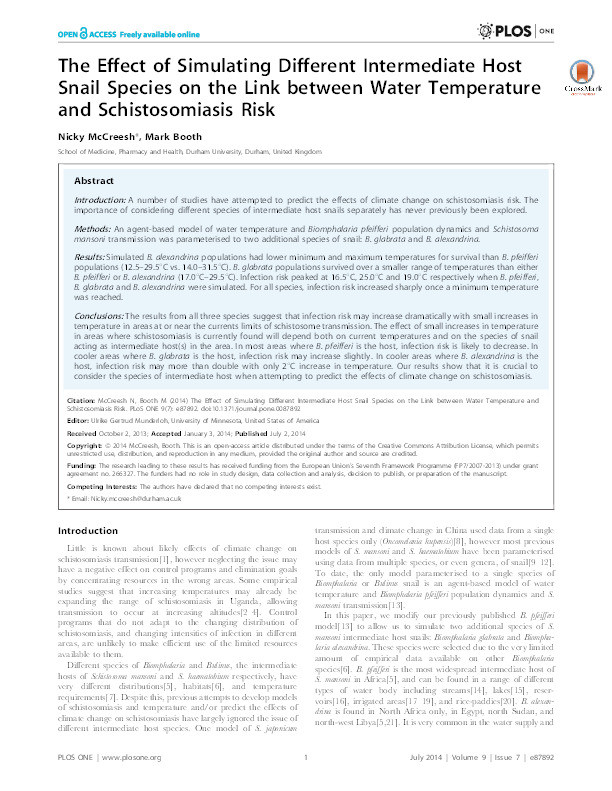 The Effect of Simulating Different Intermediate Host Snail Species on the Link between Water Temperature and Schistosomiasis Risk Thumbnail