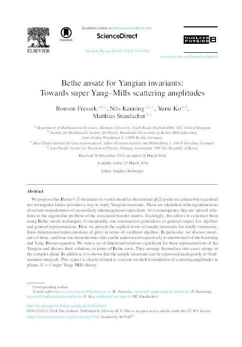 Bethe ansatz for Yangian invariants: Towards super Yang–Mills scattering amplitudes Thumbnail