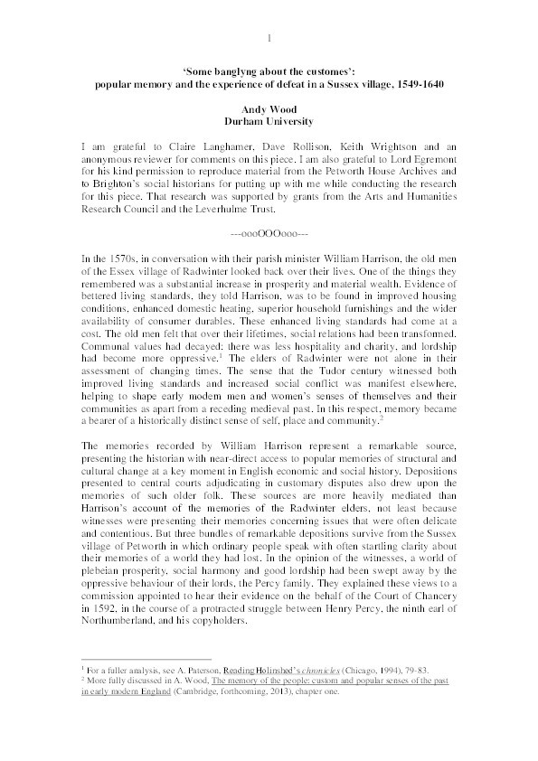 ‘Some banglyng about the customes’: Popular Memory and the Experience of Defeat in a Sussex Village, 1549–1640 Thumbnail