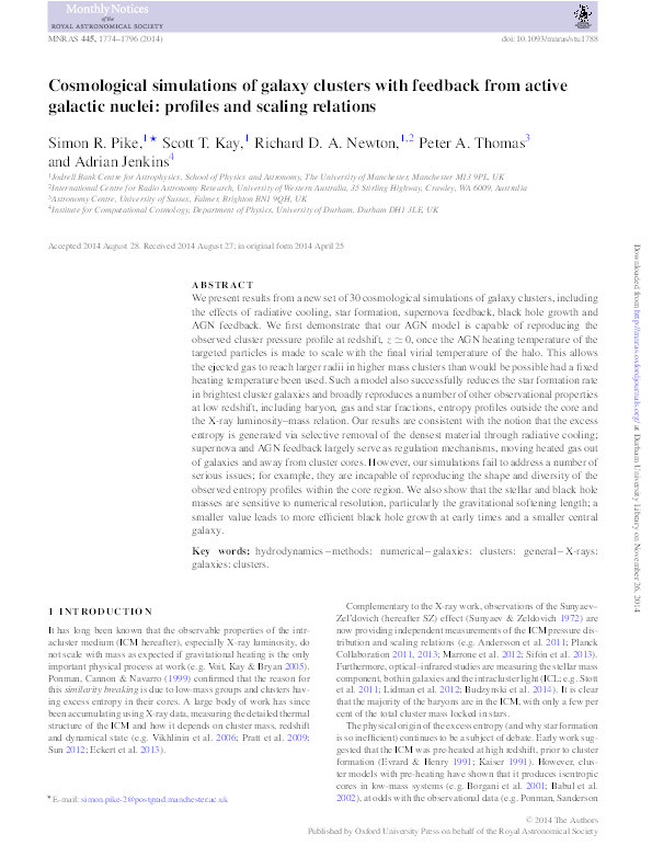 Cosmological simulations of galaxy clusters with feedback from active galactic nuclei: profiles and scaling relations Thumbnail