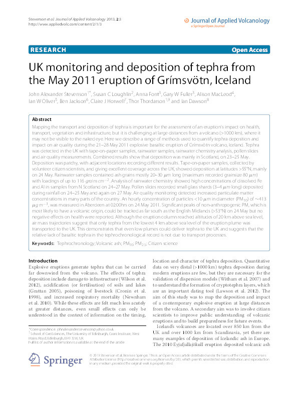 UK monitoring and deposition of tephra from the May 2011 eruption of Grímsvötn, Iceland Thumbnail