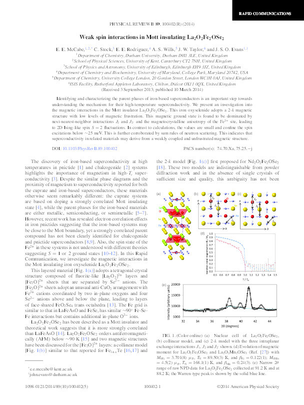 Weak spin interactions in Mott insulating La2O2Fe2OSe2 Thumbnail