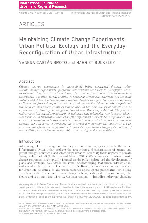 Maintaining Climate Change Experiments: Urban Political Ecology and the Everyday Reconfiguration of Urban Infrastructure Thumbnail
