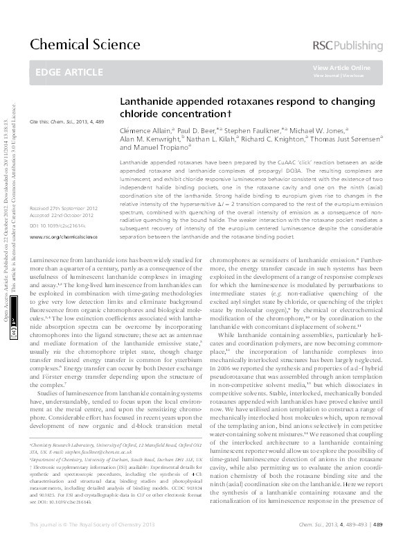 Lanthanide appended rotaxanes respond to changing chloride concentration Thumbnail