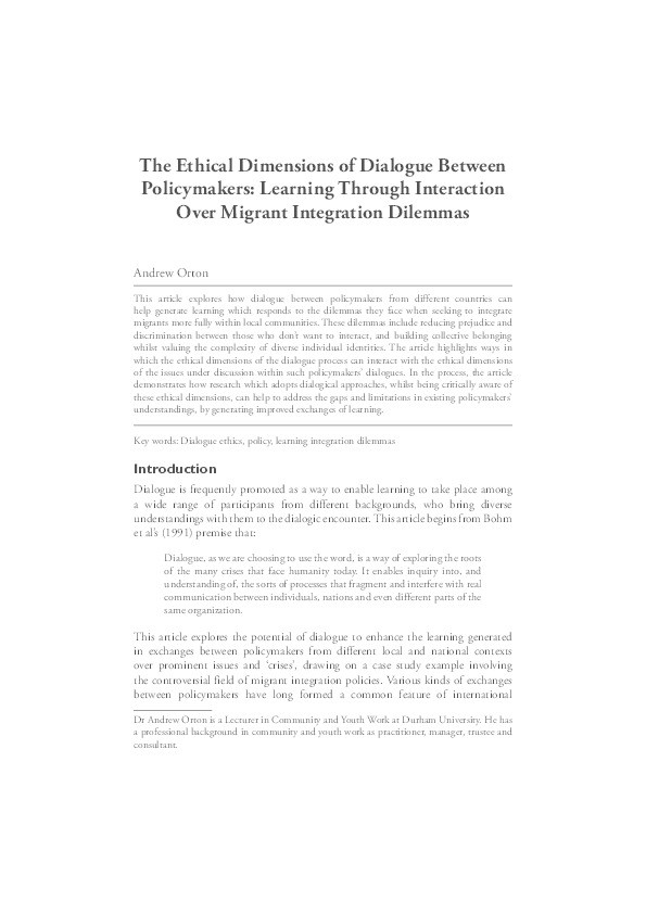 The Ethical Dimensions of Dialogue Between Policymakers: Learning Through Interaction Over Migrant Integration Dilemmas Thumbnail