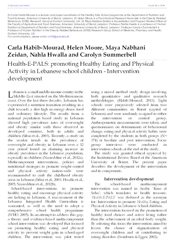 Health-E-PALS: promoting Healthy Eating and Physical Activity in Lebanese school children – Intervention development Thumbnail