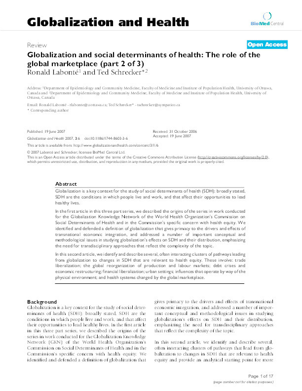 Globalization and social determinants of health : the role of the global marketplace (part 2 of 3) Thumbnail
