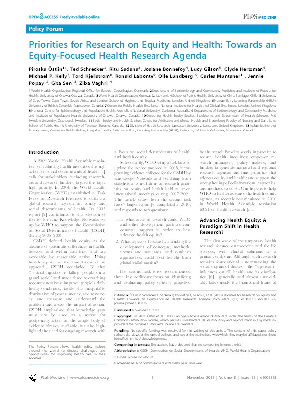 Priorities for research on equity and health : towards an equity-focused health research agenda Thumbnail
