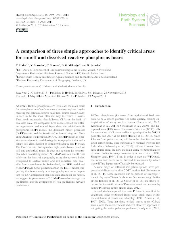 A comparison of three simple approaches to identify critical areas for runoff and dissolved reactive phosphorus losses Thumbnail