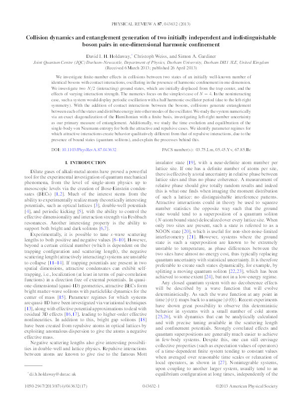 Collision dynamics and entanglement generation of two initially independent and indistinguishable boson pairs in one-dimensional harmonic confinement Thumbnail