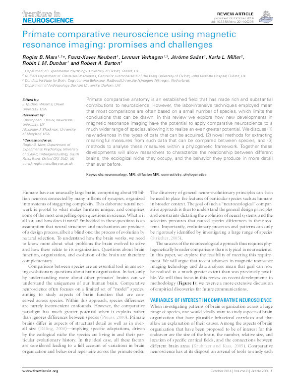 Primate comparative neuroscience using magnetic resonance imaging: promises and challenges Thumbnail