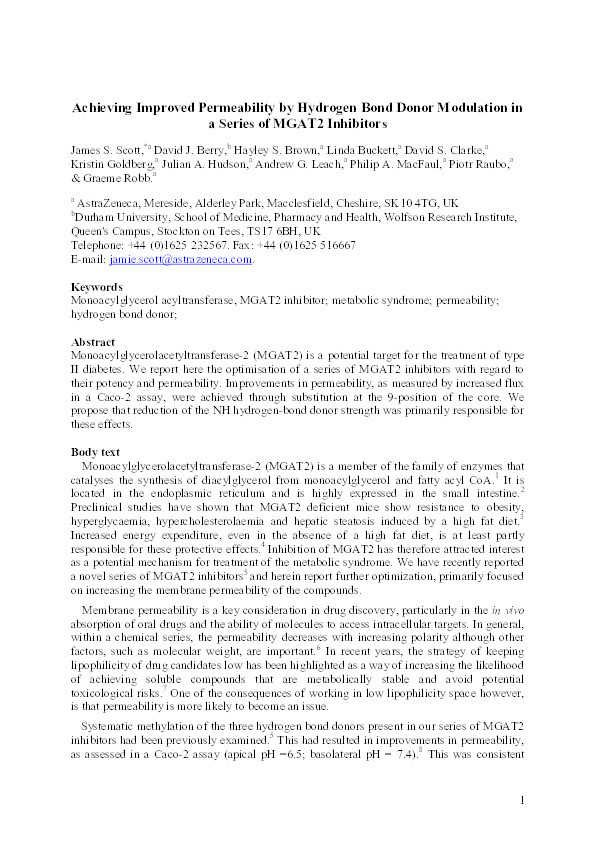 Achieving improved permeability by hydrogen bond donor modulation in a series of MGAT2 inhibitors Thumbnail