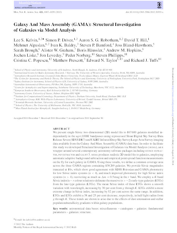 Galaxy And Mass Assembly (GAMA) : structural investigation of galaxies via model analysis Thumbnail