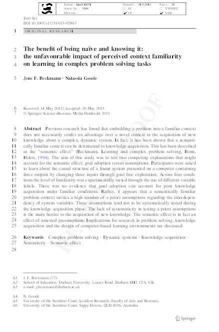 The benefit of being naïve and knowing it: the unfavourable impact of perceived context familiarity on learning in complex problem solving tasks Thumbnail